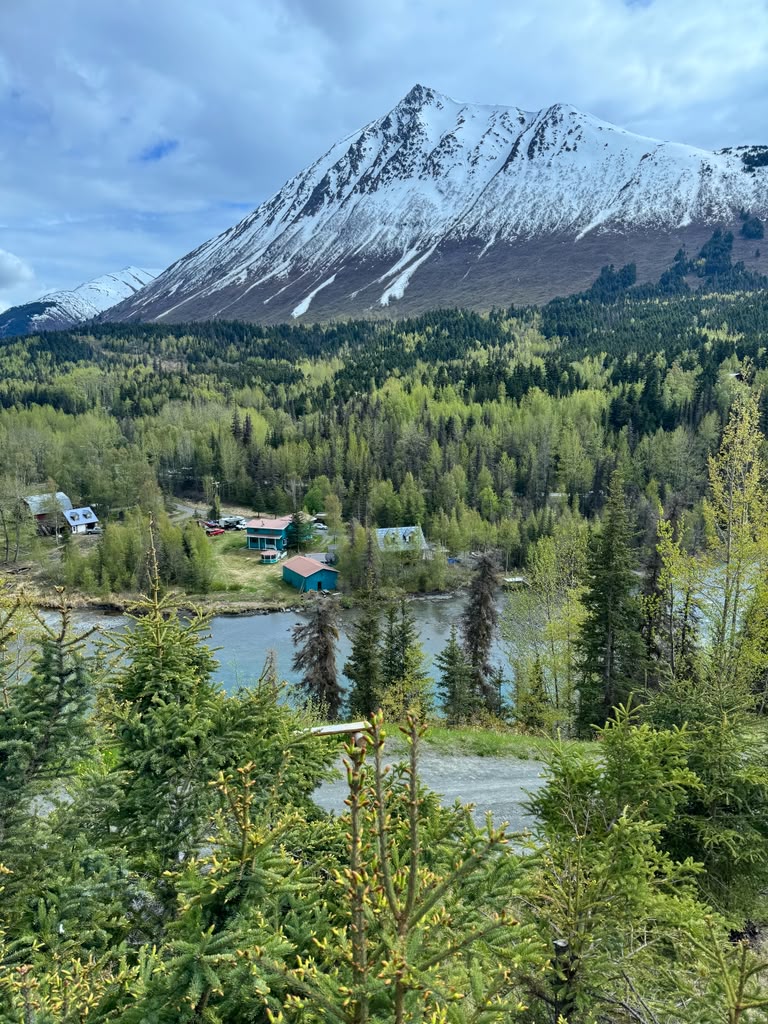 Snow-capped mountains above a river valley