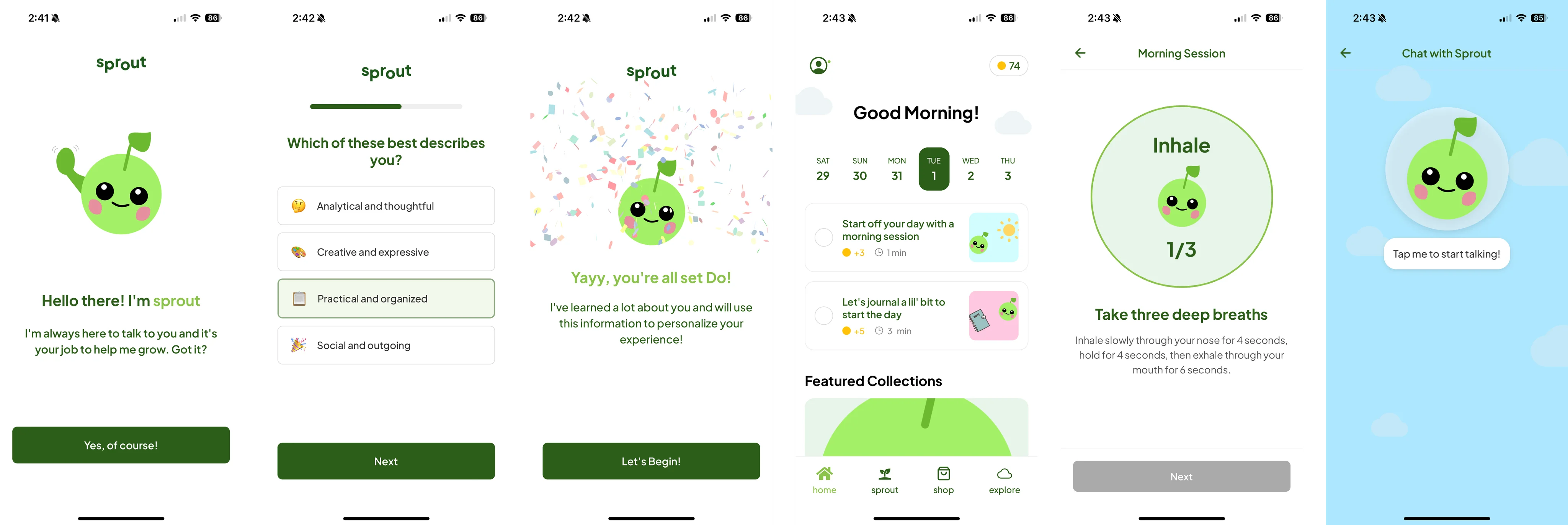 Sprout app user interface screens